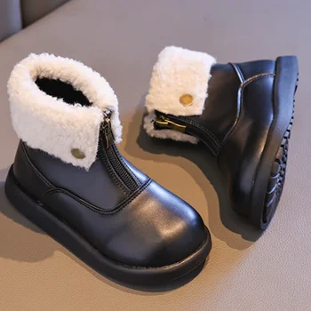 Нови детски зимни обувки 2023 г., всекидневни, детски обувки от изкуствена кожа на платформа и цип Отпред, модни пухкави черно-кафяви памучни обувки за момичета