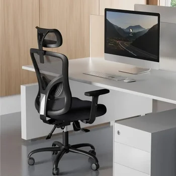 Компютърен стол с двуизмерен подлакътник, работно стол с 2-инчов регулируема лумбална подкрепа, облегалка офис стол с безплатен фиксиране и качанием на 135 °