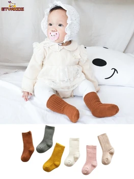 1 чифт Есенно-Зимни Едноцветни Шарени Топли Чорапи за малки Деца, Малки Момчета И Момичета, Памучни Дебели Чорапи За Малки Деца, Закрепени В пода