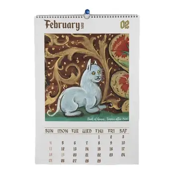 Месечен стенен календар за котки 2024 година, който да закачите месечно, Странен Средновековен стенен календар за котки, Дневник любител на котки