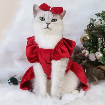 Рокля за домашна котка, дрехи, Коледна рокля за кучета, рокля комбинация за кучета, палто, рокля с червена пола, костюм за домашна котка, Топло рокля с пола-лък, костюм за домашни любимци