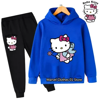 Нов комплект с качулка Kawaii Sanrio Сладко Hello Kitty за момичета, есента топ + панталони, детски случайни спортен костюм за бягане за партита 3-14 години