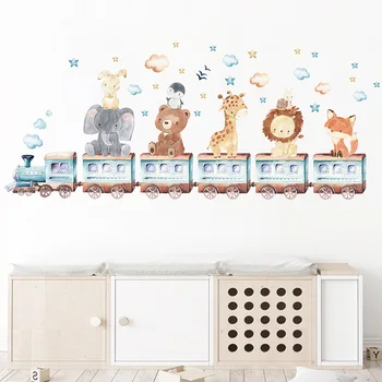 Направи си САМ Стикери За Стените на Детската Стая Карикатура на Животните Влак Слон, Жираф Стикери за Стена за Детска Стая Детска Стая, Спалня Тапети Нова