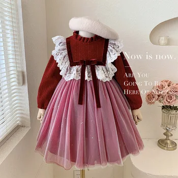 През есента и зимата 2023 година Модно плюшевое дантелено рокля с яка за уши, рокля на принцеса от прежди, плюшевое утолщенное рокля