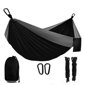 Обикновен парашутизъм хамак с ремъци за хамак и черен карабинка за къмпинг, за оцеляване и за пътуване, градинска мебел за двама