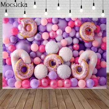 Фон за снимки на тема Sweet Donuts Розовофиолетовая стена балон близалка на палочкедевушка торта за рождения ден на Фон за фото студио