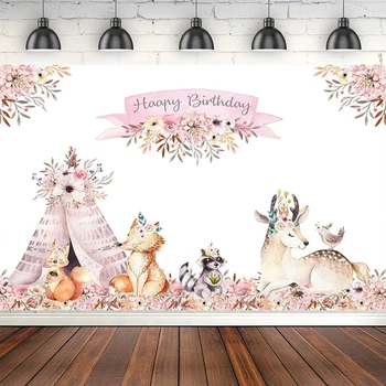 Горски фон за снимки честит Рожден Ден на Boho Teepee Розов Цветен декор животни на Фона на плакат за парти банер