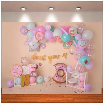 Фон за снимки на Сладки Donut Grow Up Балон Момиче 1st Birthday Party Cake Smash Background Decoration Банер, фото студио