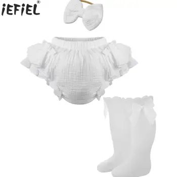 Комплект памучни шаровар за новородени момичета, Многослойни пелени с рюшами за деца, Панталони, гащи с лък, чорапогащи до коленете, превръзка на главата