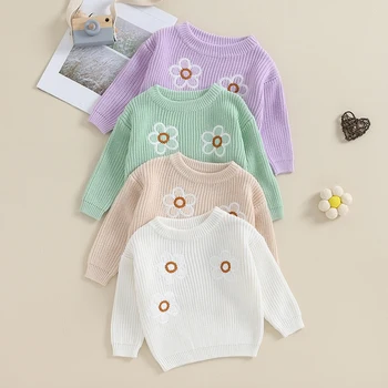 Пуловери за новородени момичета Ежедневни Сладки Топли върховете Есен Зима Възли пуловери с дълги ръкави и цветен модел за деца
