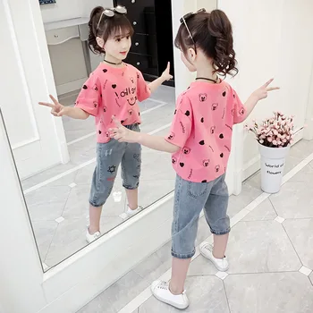 Лятна тениска за момичета 2023 г. в Корея, детски дрехи за момичета началното училище, детска топ с кръгло деколте и къси ръкави, детски дрехи, блузи за момичета