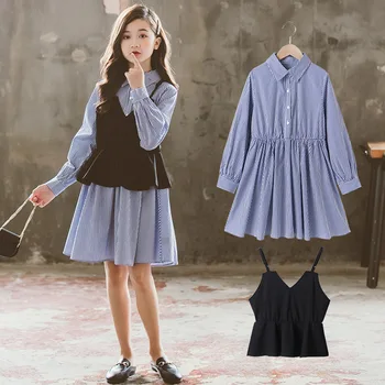 Корейската детски дрехи 2023, Летен комплект дрехи, пълномаслено рокля за момичета по-малки деца + тениска за момичета, Комплекти, дрехи от 2 теми за момичета