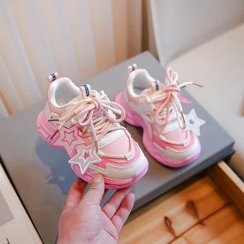 Маратонки за момиченца с розови звезди, скъпа детска мода, спортни обувки, нескользящая детска универсална мека обувки на принцесата, директна доставка, обувки за момчета