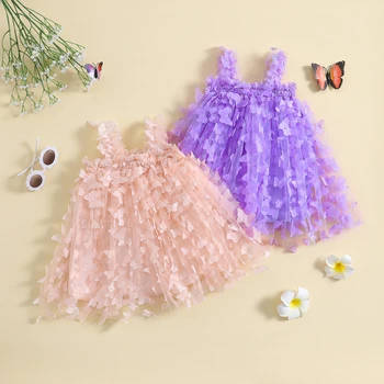 Рокля за малки момичета, однотонное рокля-прашка без ръкави с 3D пеперуда, Лятното Сладко Ежедневна рокля на Принцеса, Детски дрешки за момичета