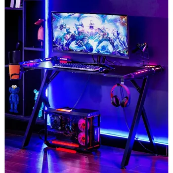 Игра на маса с led подсветка геймърска компютърна маса RGB с повърхност от въглеродни влакна, Led маса за домашен офис с дистанционно управление