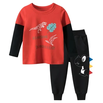 Есенен спортен костюм с динозавром 2024 година за момчета, детски комплект, тениска с дълги ръкави и анимационни принтом за момчета + панталон, памучен детски дрехи, 2 броя в комплект