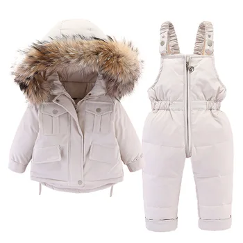 Руска зима naka яке, костюм за малките момчета и момичета, комплект детски дрехи с качулка от естествена кожа, детско гъста козина, дрехи зимата на топло топола