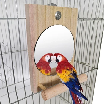 Огледала за дресура на папагали със стойка за жердочек, дървено огледало с папагала, за играчки в клетката, за да проверите за птици, аксесоари за клетки
