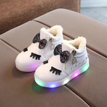 Зимни обувки за момичета 1-6 години с led подсветка, детски ежедневни обувки за момичета с лък принцеса, скъпа детска лека обувки, детски памучен обувки