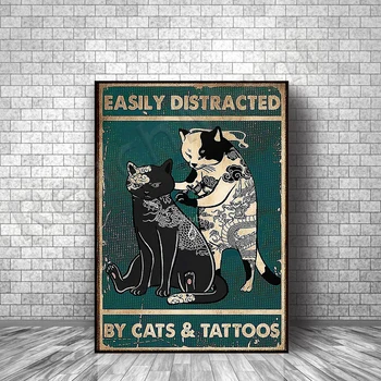 Лесно се разсейва от плакат с котки и татуировки, принт с котки, татуировка на платно в стил арт-деко