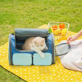 Пътна дишаща чанта за домашен любимец с мек лице, преносим чанта за домашни любимци, розово-синята чанта за носене котки