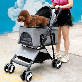 Сгъваема количка за домашни любимци на колела, Количка за кучета на колела, Голяма количка за кучета, стоки за котки и деца, лека количка