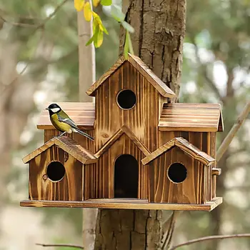 Висящи къщички за птици от дърво, Дървен 6-луночный птичи къщичка за външно озеленяване на двор Висящи клетки за птици