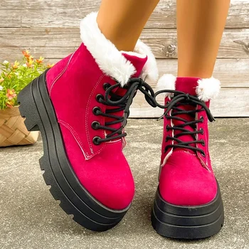Розово-червени Дамски обувки; Новост 2023 г.; Зимни Топли обувки на платформа-Женски нескользящие и износоустойчивост мотоциклетни ботуши; Zapatos De Mujer