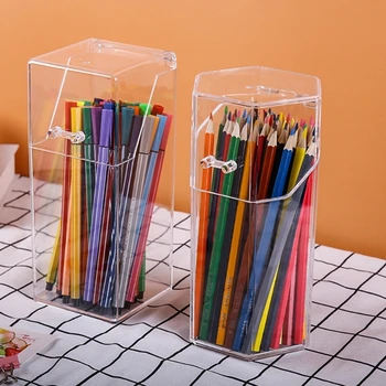Прозрачен държач за химикалки, кутия за съхранение на канцеларски материали, прозрачно чекмедже за съхраняване на моливи с капак