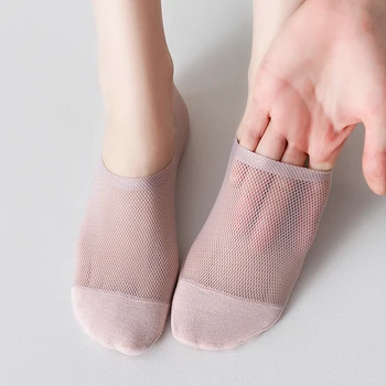 Мини силиконови чорапи с дълбоко деколте на щиколотке, Летни дамски невидими чорапи без показване, обикновена фини мрежести чорапи дишащи-лодка