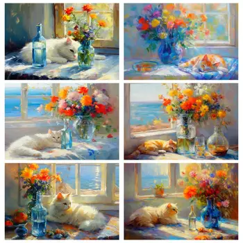 RUOPOTY Рисуване По Номера За Възрастни Комплекти За Рисуване На Прозорците, вази и котки По Номера на Ръчно изработени произведения на изкуството