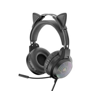 Нови жични слушалки слот САЙ-G40 с кошачьими уши, микрофон с шумопотискане, 3D съраунд звук, цветни светлини за компютърни слушалки.