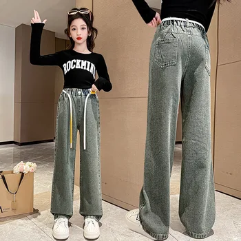 Дънкови панталони за момичета новоприбывших деца, Корейски памучни Сини дънкови панталони, пролет-есен, широки обикновен панталон с колан 2023 г.