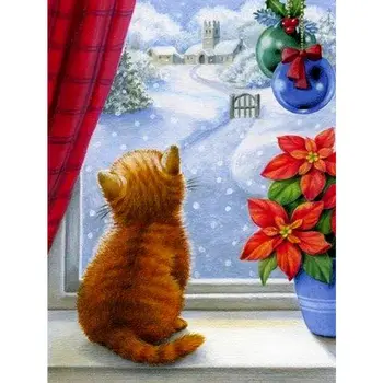 Направи си сам 5D Диамантена картина на Зимна Котка на перваза на прозореца Пълна Бормашина, Диамантена Бродерия Снежен пейзаж Мозайка модел от Кристали Декор