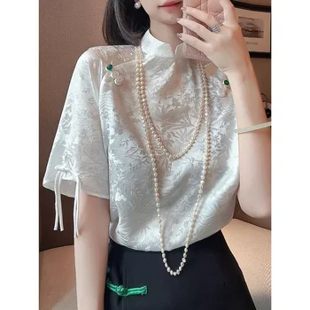 Реколта елегантна блуза в китайски стил, Дамски Елегантен Бял сатен риза с къс ръкав, Летни Копринени ризи дантела с принтом, Дамски блузи 12964
