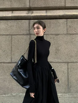 Корейското елегантна Винтажное рокля миди с дълъг ръкав, тънки Офис Дамски ежедневни рокли, есенни нагънат Черни рокли с високо воротом, Шикозни Дамски рокли