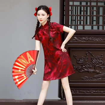 Големи размери на M-4XL, ново Традиционната рокля Ципао, Дамски дрехи в Китайски стил, червен Чонсам в ретро стил