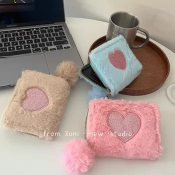 Корейски монофонични Плюшено чантата с бродерия във формата на сърце за момичета, сладко Розово Кратък преносим портфейл Ins