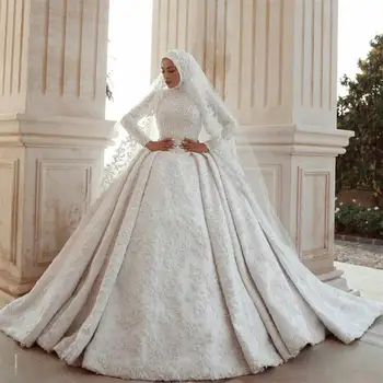 Прекрасни мюсюлмански дантелени апликации с висока воротом, сватбени рокли с влак, дълги ръкави, бални рокли големи размери за младоженци