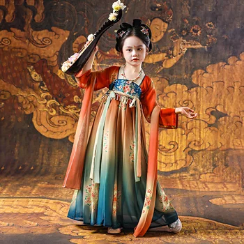 Облекло китайската династия Тан, традиционни рокли древни деца, костюм за момичета, дрехи за изпълнения с народни танци Hanfu