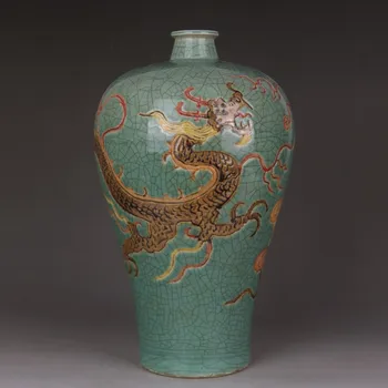 Зелена ваза с дракон, Китайският една антична ваза с гравирани дракон, Ледена пукнатина, Керамична ваза за бутилки, Изящна порцеланова ваза голяма