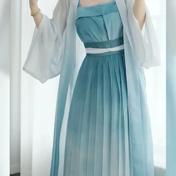 Есента рокля Династия, модерна рокля Hanfu, секси Синя рокля с голямо ръкав, плиссированная пола, 3шт . Древнекитайский костюм Hanfu