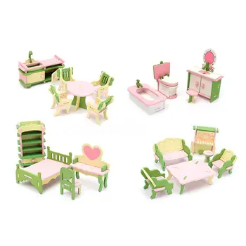 4 комплект миниатюрни мебели за куклена къща, модел пъзел за деца, Детски играчки