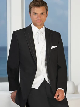 Изработена по поръчка Смокинг младоженеца Terno Casamento, Ушити по поръчка Черни костюми с Бели елек / жилетка, Направен по поръчка на Сватбени костюми за мъже