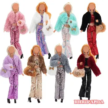 1 комплект кукольной дрехи, плюшена жилетка, яке + Модерен костюми, панталони, чанта, всекидневни комплект дрехи за кукли 30 см, аксесоари за неофициално облекло, подарък