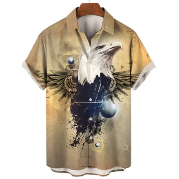 Лятна мъжка риза в хавайски стил с 3D принтом, къси ръкави и ревери, однобортная, свободно намаляване, модни, ежедневни, с изображение на орел