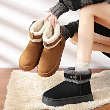 Нови зимни ботуши в стил Snow Boot, кратък Мини-зимни обувки от овча кожа, дамски водоустойчив ботильоны от естествена вълна, топло обувки на плоска подметка с кожа подплата