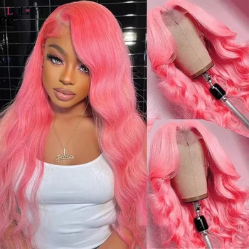 Перука Lolly Pink Цветни перуки, изработени от човешка коса 13x4 Дантелени Предни перуки, изработени от човешка коса, перука с масова вълна, прозрачна дантела Пред перука от човешка коса
